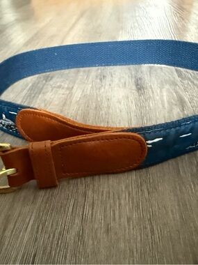 Blue Canvas Belt with Brown Leather Trim & Embroidered Lighthouses. Nautical